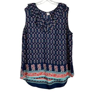 Terra & Sky Navy Blue Floral Chiffon Sleeveless Relaxed Fit Tank Top Plus Size